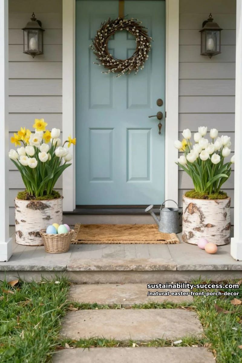 birch log planters filled with tulips and daffodils flanking the front door 1