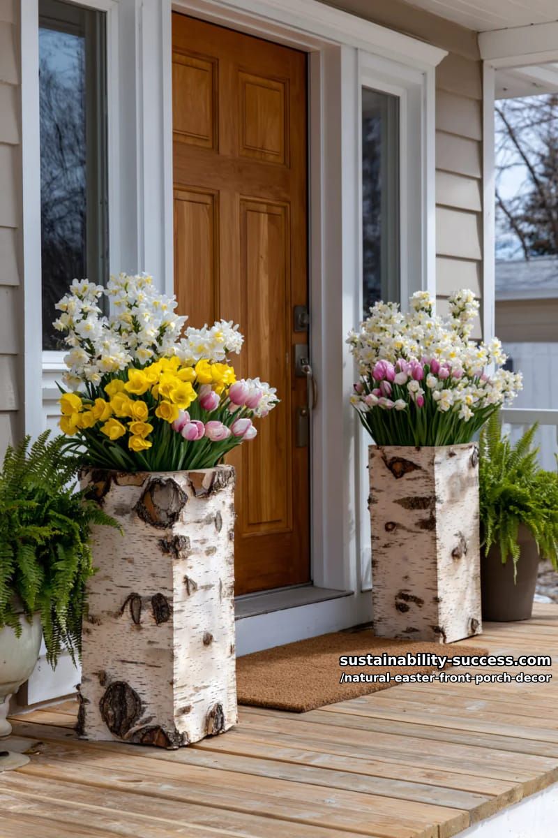 birch log planters filled with tulips and daffodils flanking the front door 1