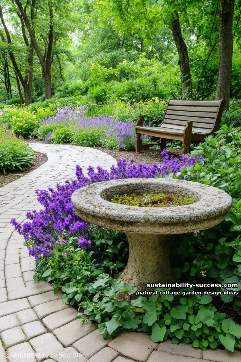 birdbaths nestled among billowing catmint and lady’s mantle 1