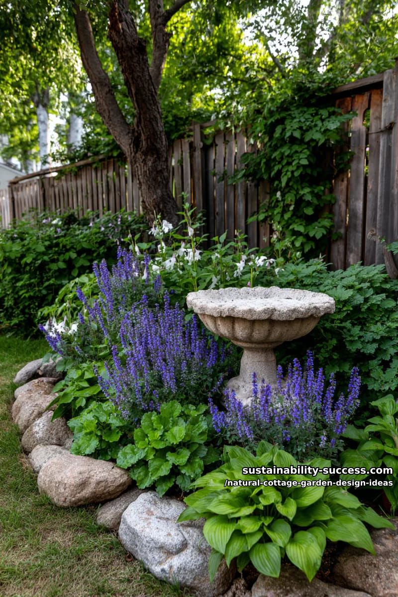 birdbaths nestled among billowing catmint and lady’s mantle 1