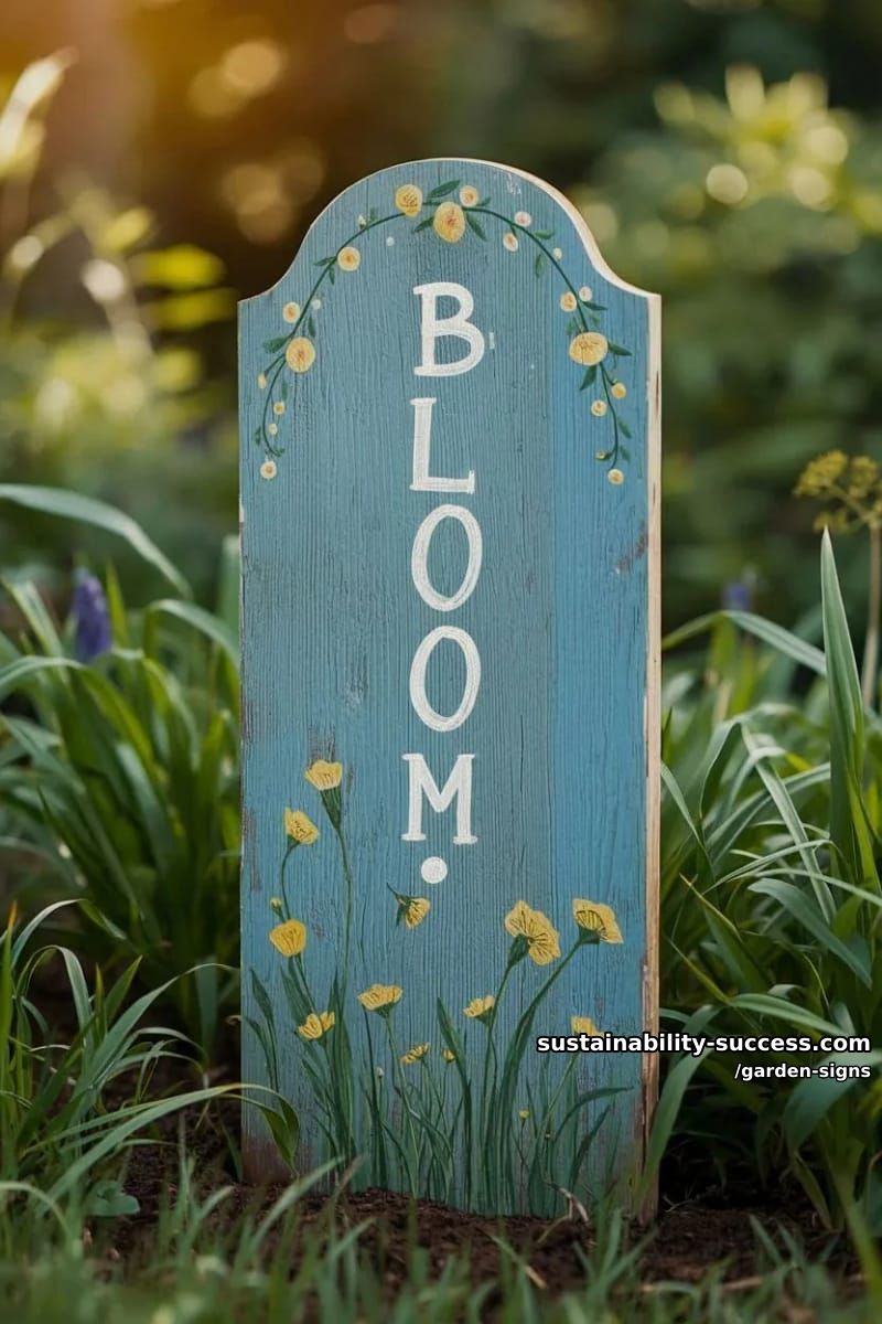 blue and green wooden garden sign with "bloom!" and yellow flowers 1