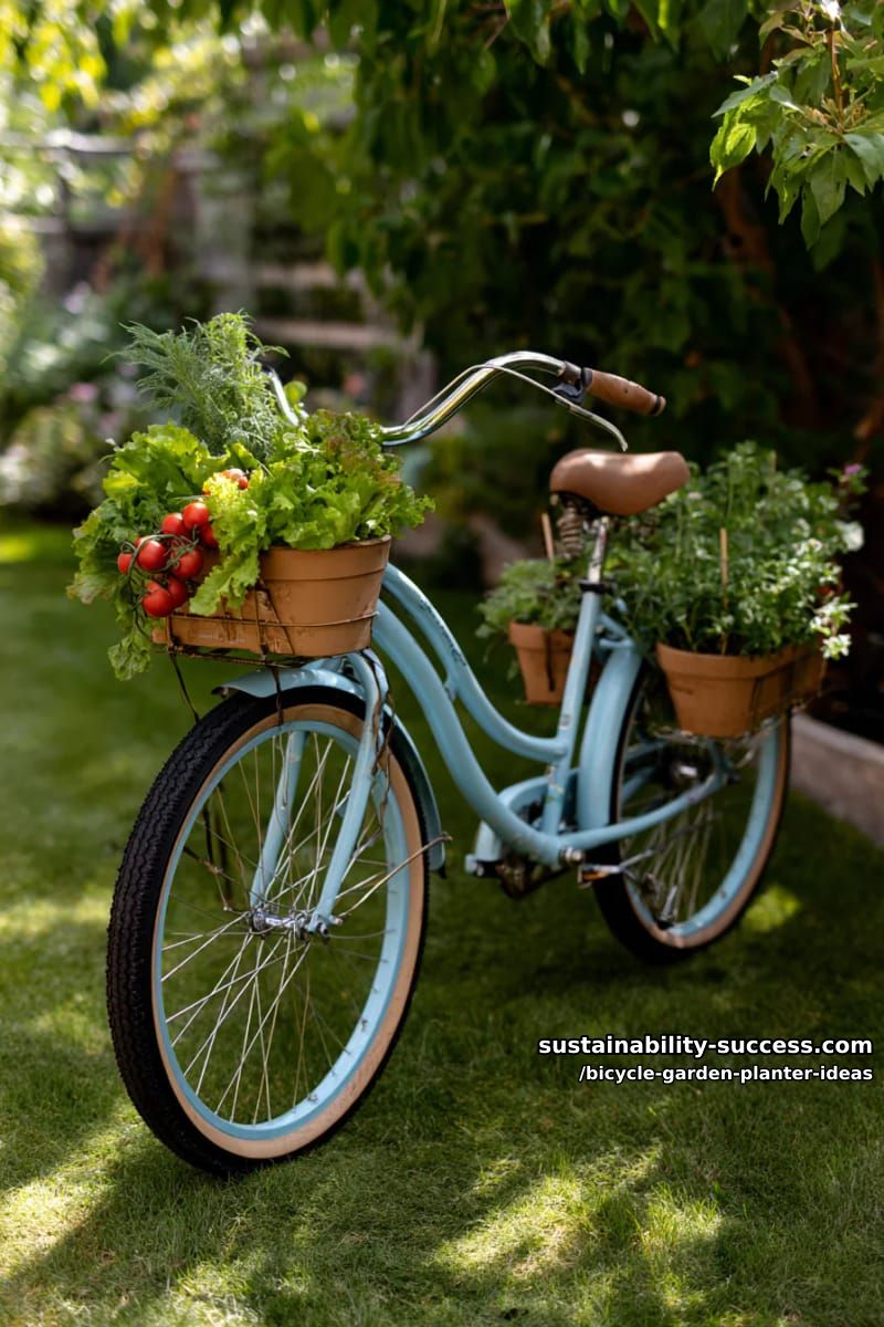 15 Creative Bicycle Planter Ideas for a Charming Garden Display 29 blue cruiser bicycle holding terra cotta planters filled with vegetables 1