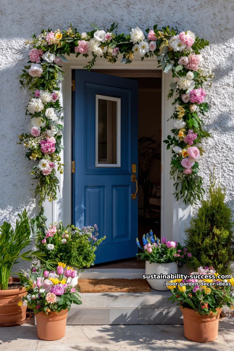 blue front door framed by overflowing spring floral garland 1