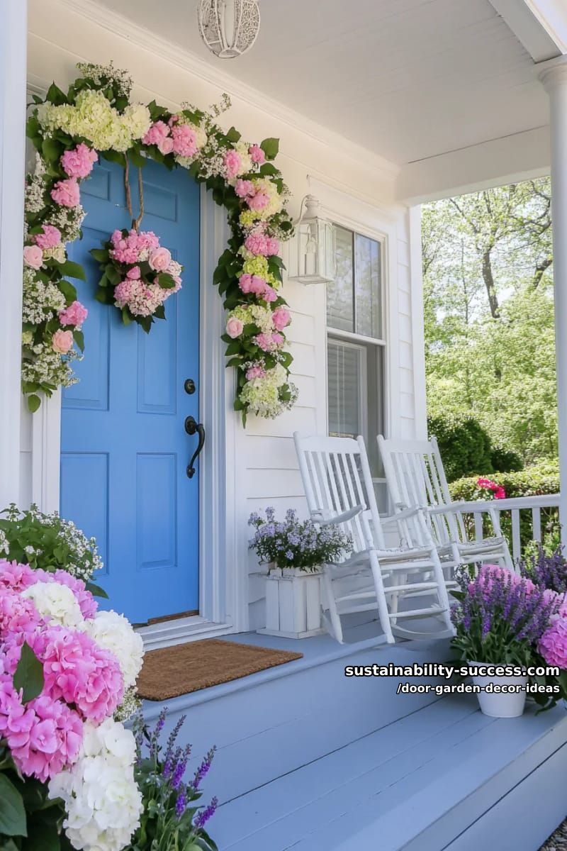 blue front door framed by overflowing spring floral garland 1