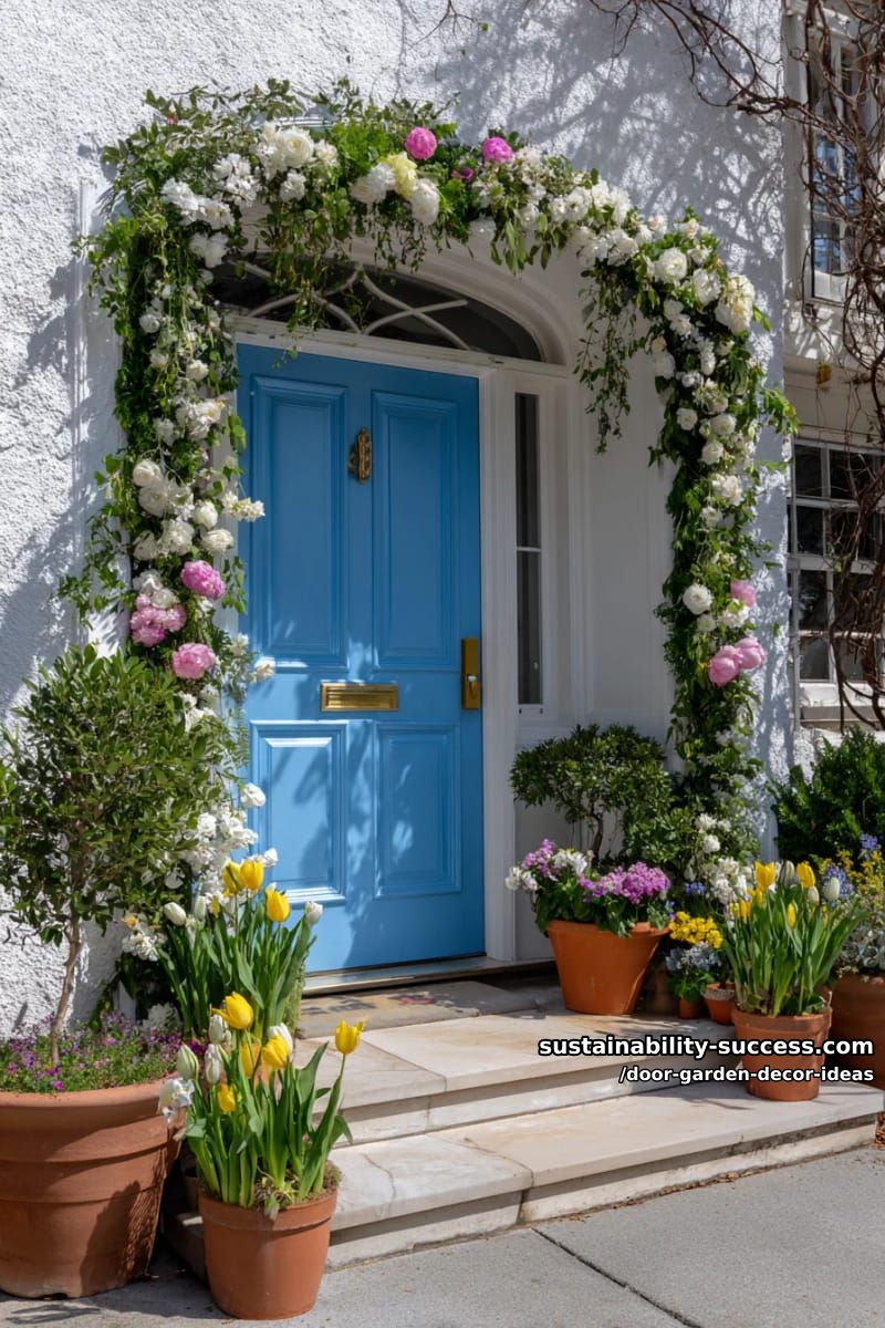 blue front door framed by overflowing spring floral garland 1