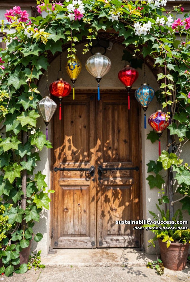 boho-inspired door archway decorated with colorful lanterns and vines 1