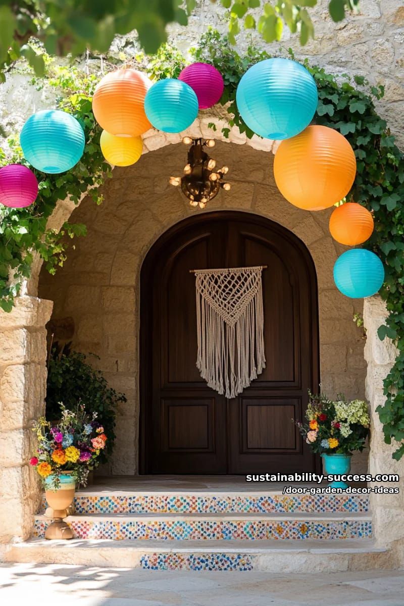 boho-inspired door archway decorated with colorful lanterns and vines 1