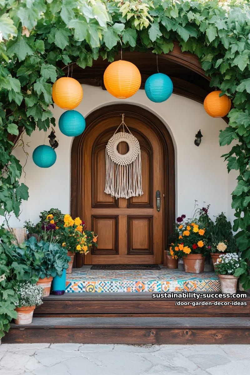 boho-inspired door archway decorated with colorful lanterns and vines 1