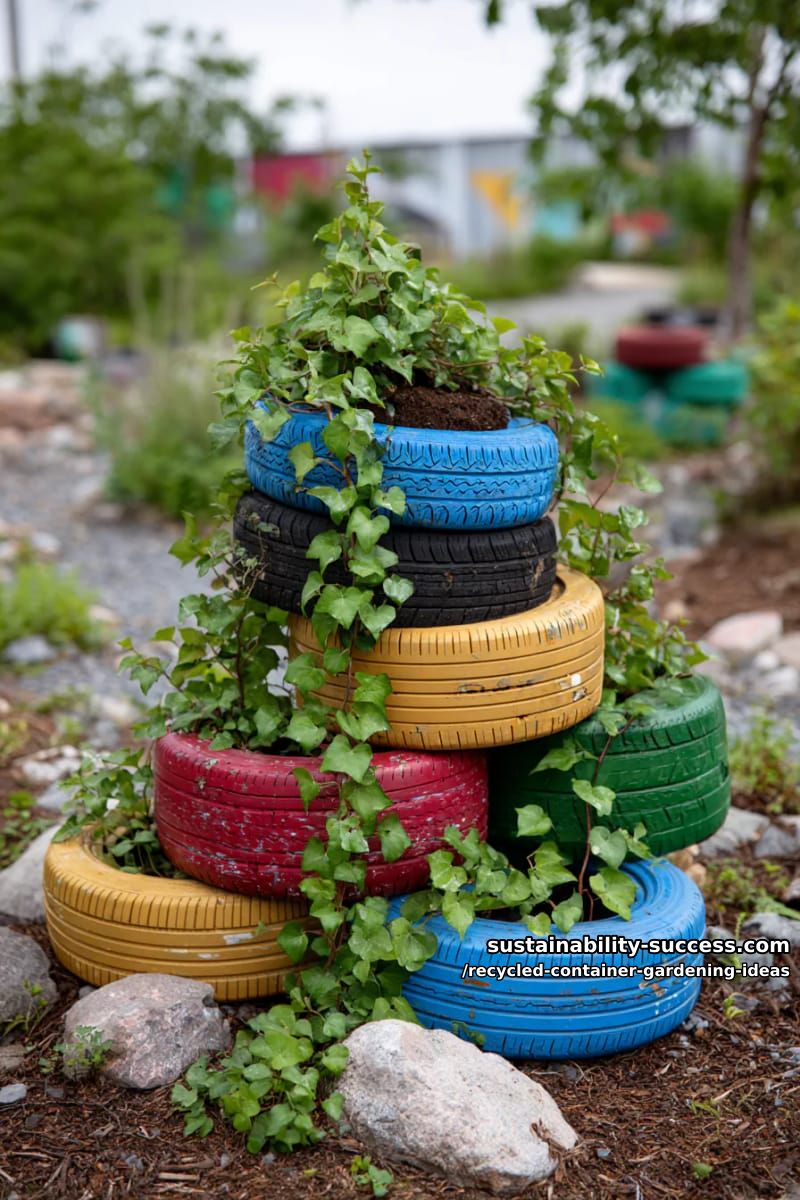 brightly painted tire stacks overflowing with trailing vines 1