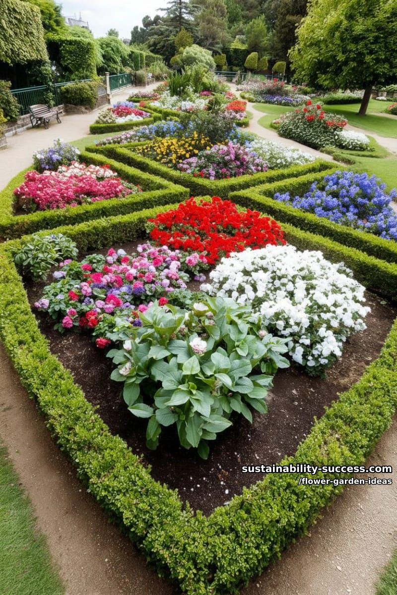 build a geometric flower patch with symmetrical shapes edged in low boxwood. 1