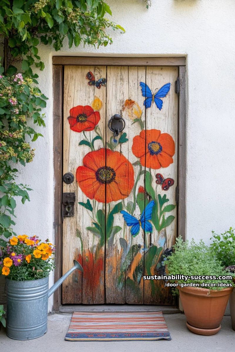butterfly and poppy mural painted on reclaimed wooden door for bold decor 1