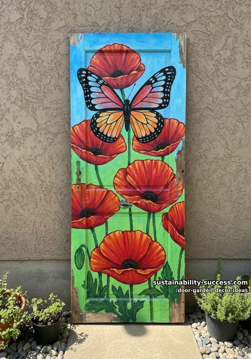 butterfly and poppy mural painted on reclaimed wooden door for bold decor 1