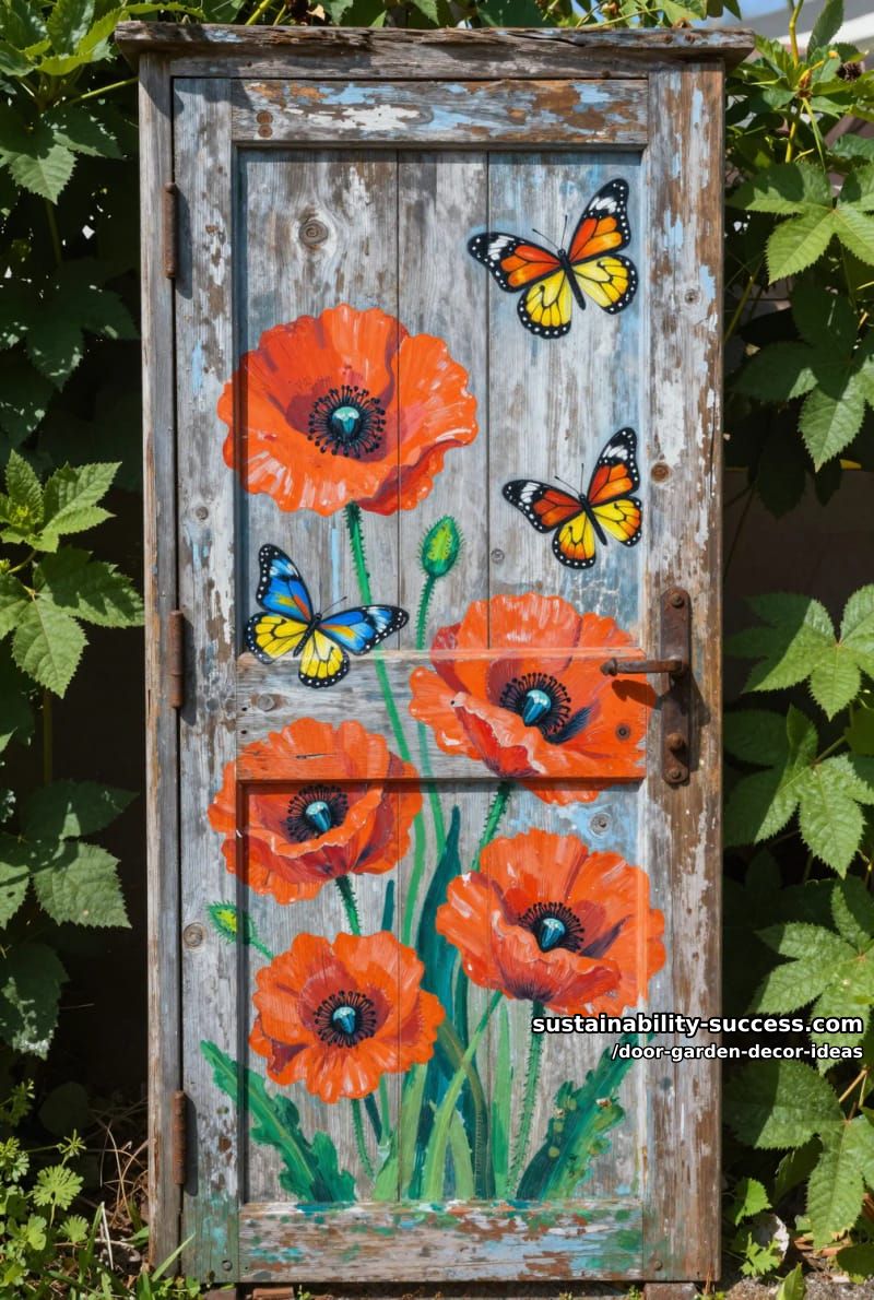 butterfly and poppy mural painted on reclaimed wooden door for bold decor 1