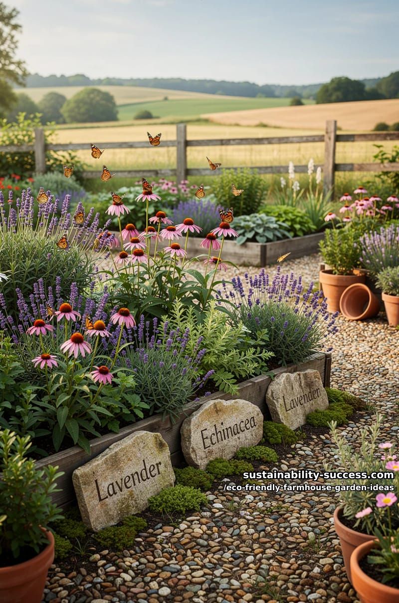 butterfly-friendly lavender and echinacea beds beside weathered stone garden signs 1