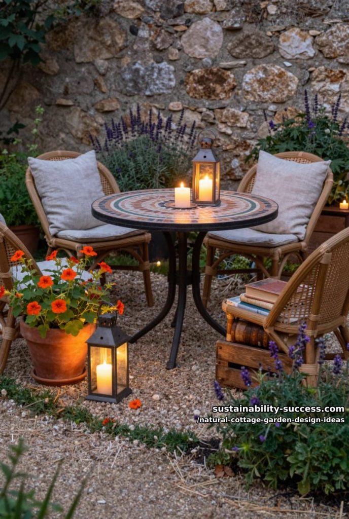 Sustainability Success 3 candle-lit evening corners with woven bistro chairs and trailing nasturtiums 40