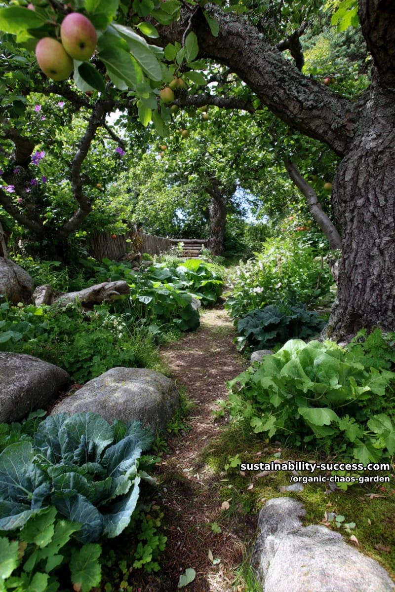 chaotic edible forest with intertwining fruit trees and self-seeding greens 1