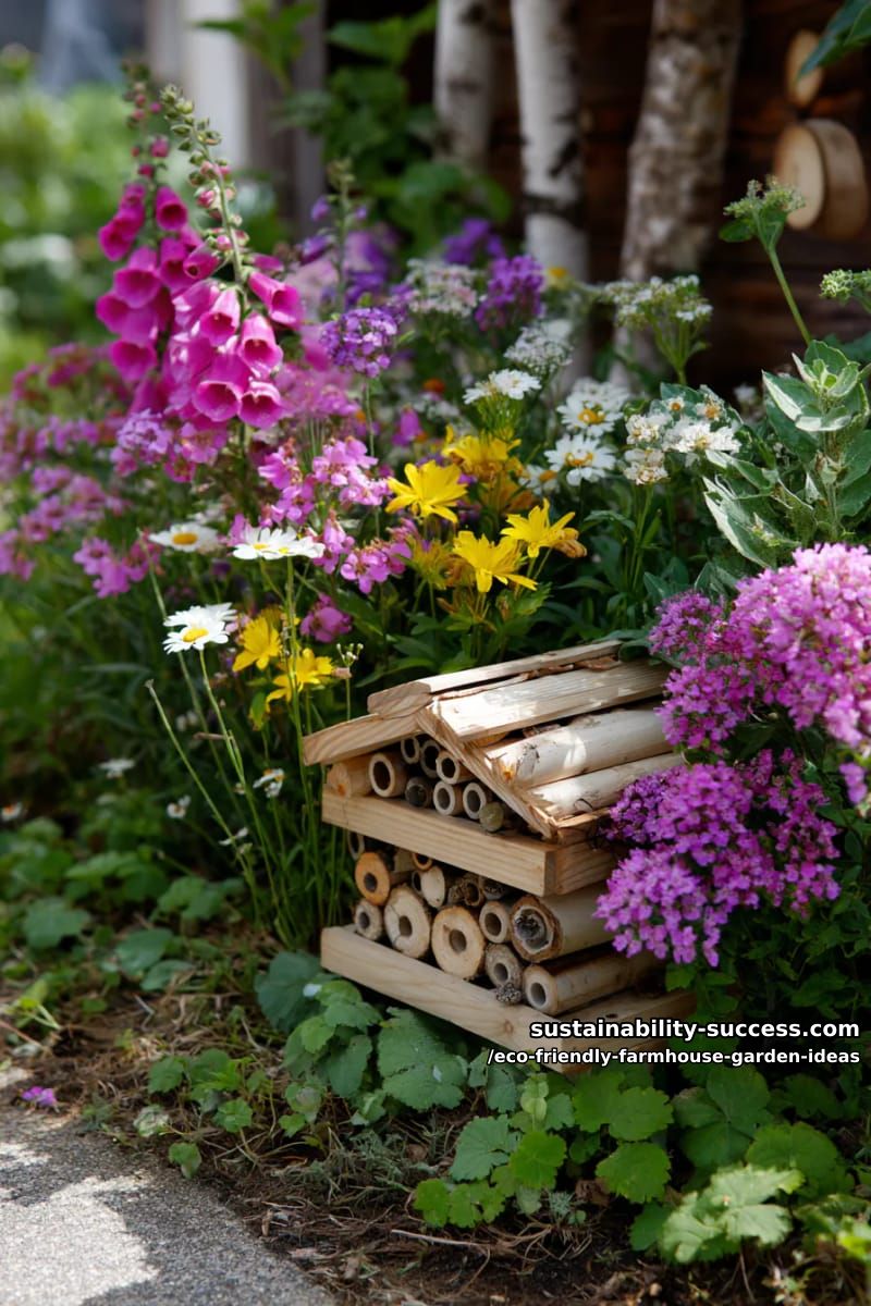 charming insect hotel tucked into a lush patch of wild cottage blooms 1