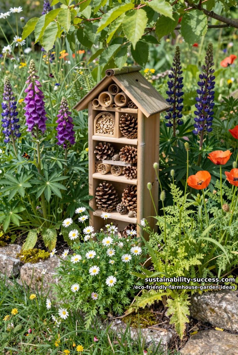 charming insect hotel tucked into a lush patch of wild cottage blooms 1