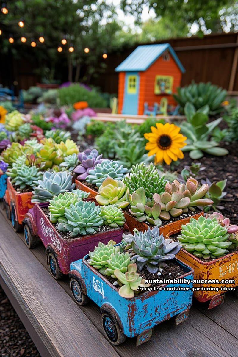 children’s toy trucks planted with succulents for playful garden accents 1