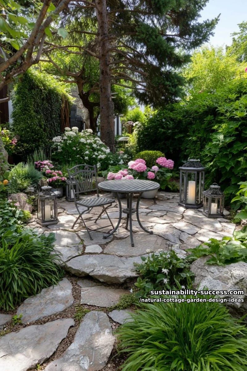 circular patio nooks made from reclaimed stone, scattered with lanterns 1