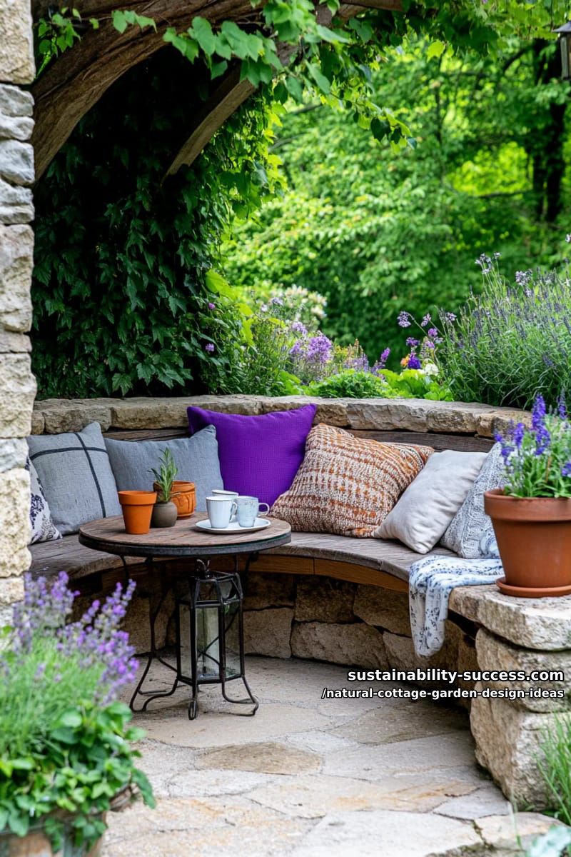 circular patio nooks made from reclaimed stone, scattered with lanterns 1
