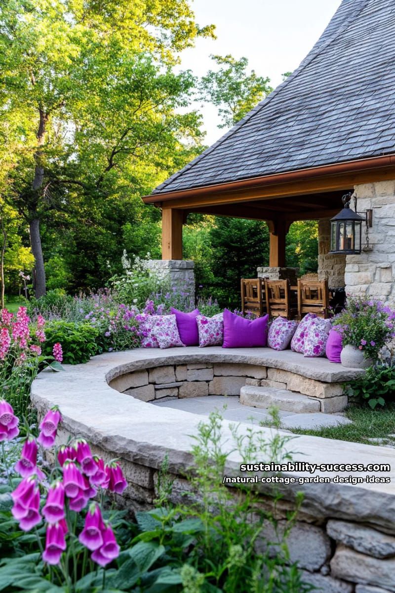circular patio nooks made from reclaimed stone, scattered with lanterns 1