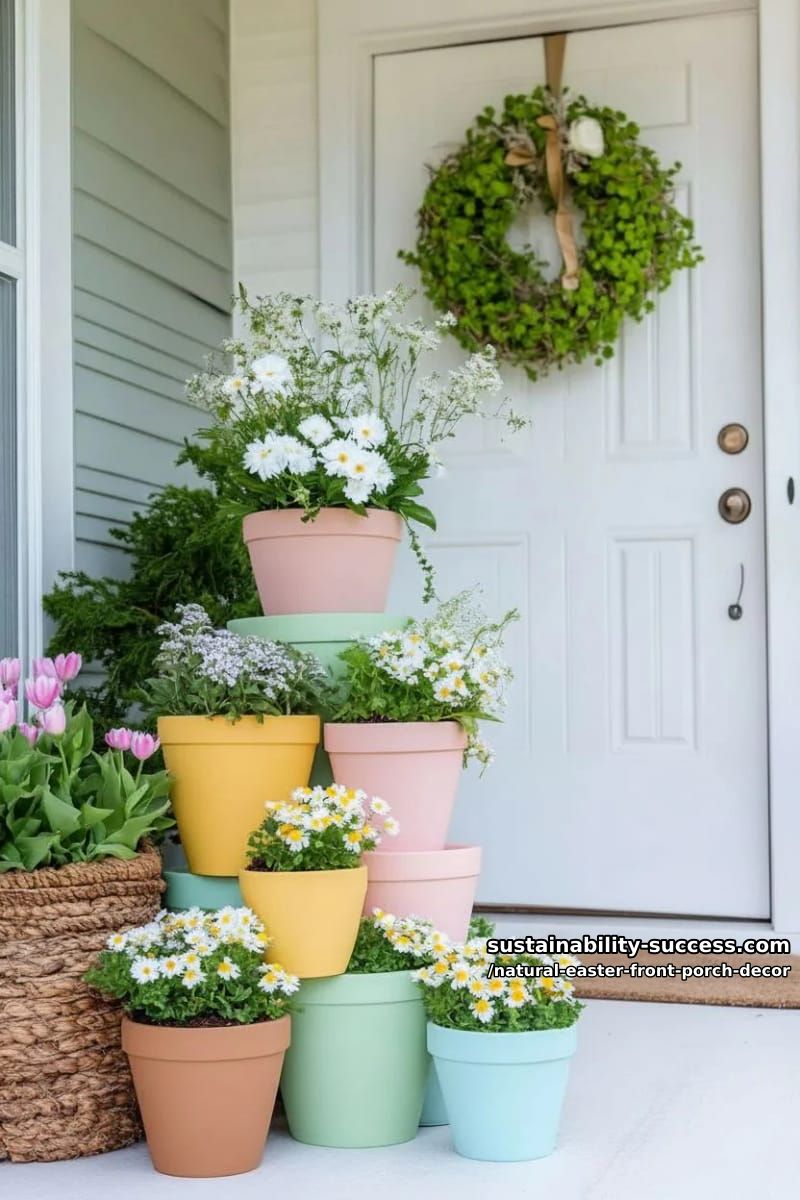 clay pots stacked in a pyramid, painted in soft pastel earth tones 1
