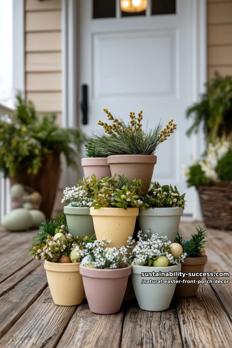 clay pots stacked in a pyramid, painted in soft pastel earth tones 1