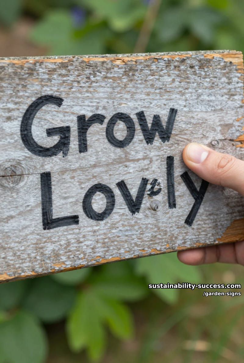 close-up of hand holding weathered wood sign with handwritten text 1
