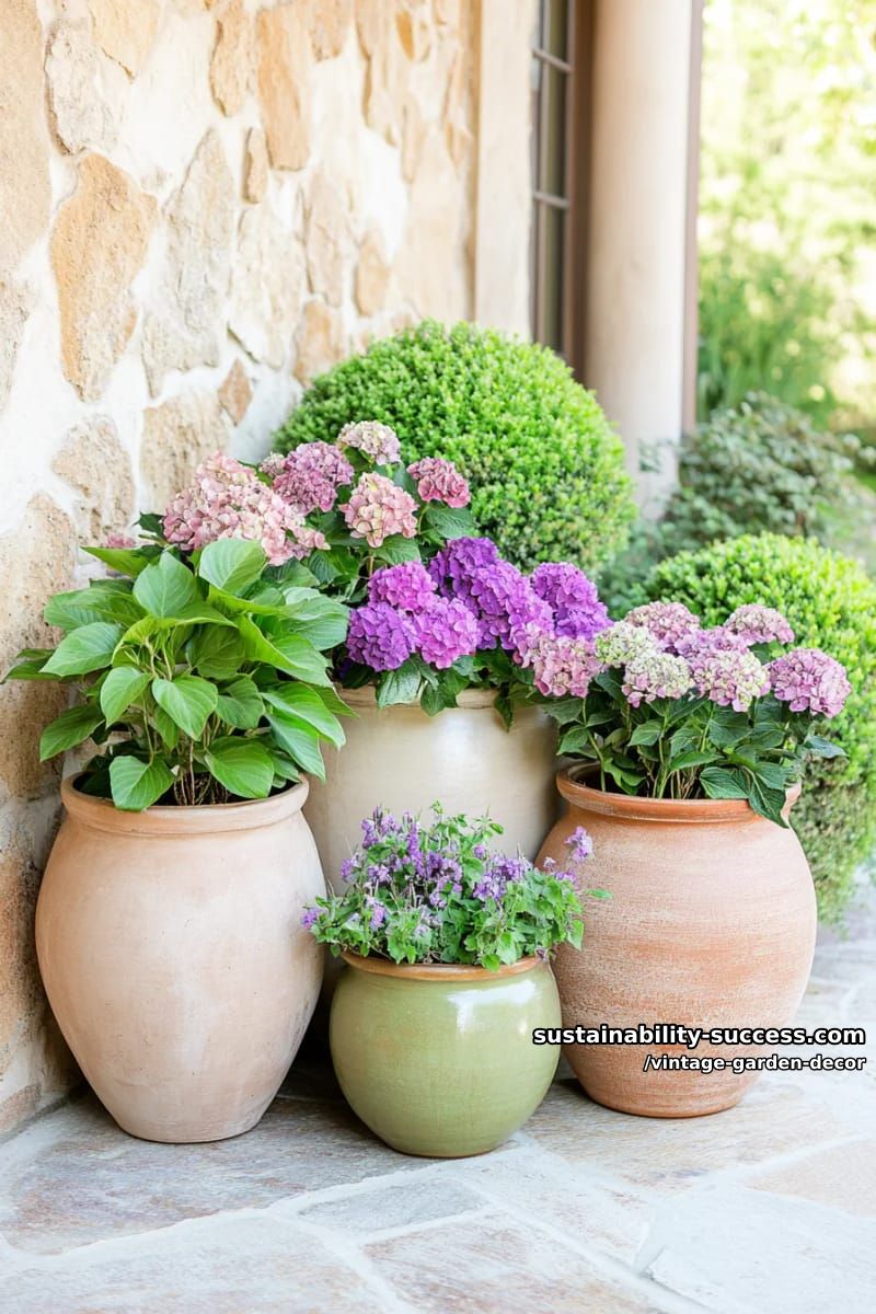 cluster of rustic clay pots with blooming flowers on stone patio. 1