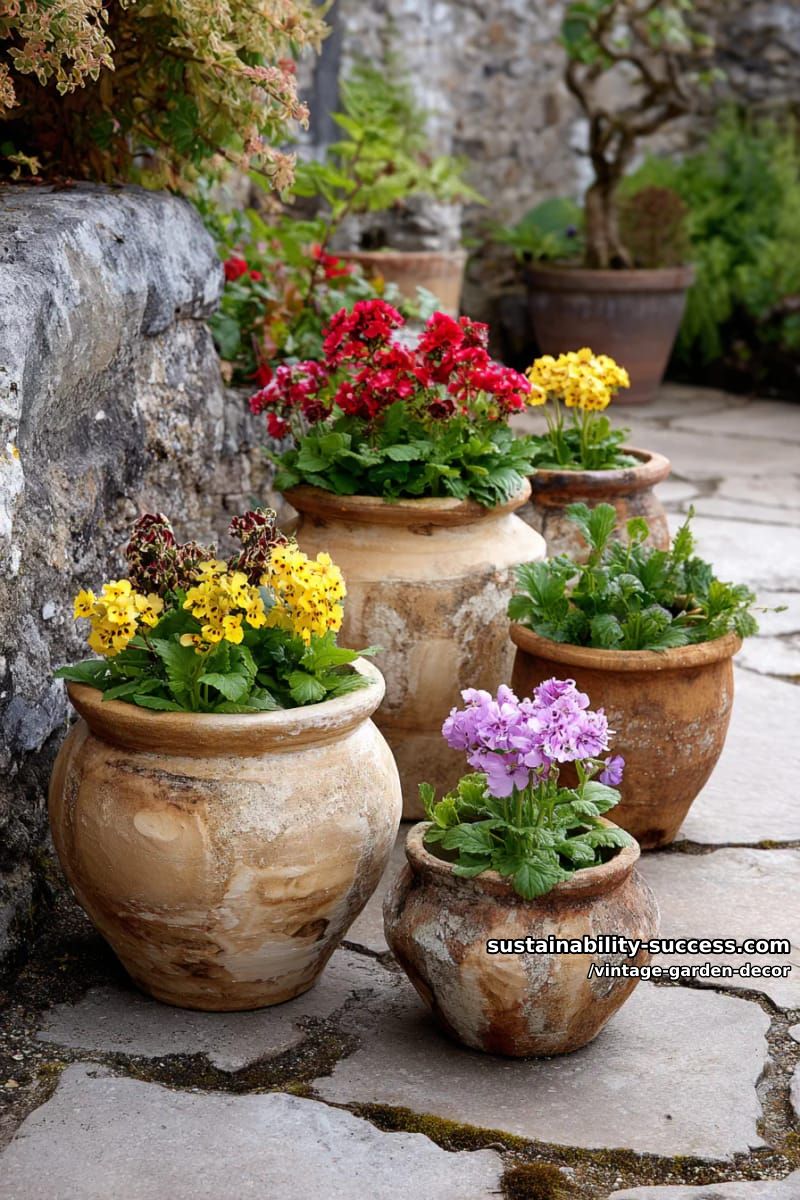 cluster of rustic clay pots with blooming flowers on stone patio. 1