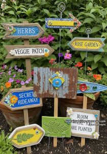 collage of handcrafted garden signs using mixed materials and creative labels 10