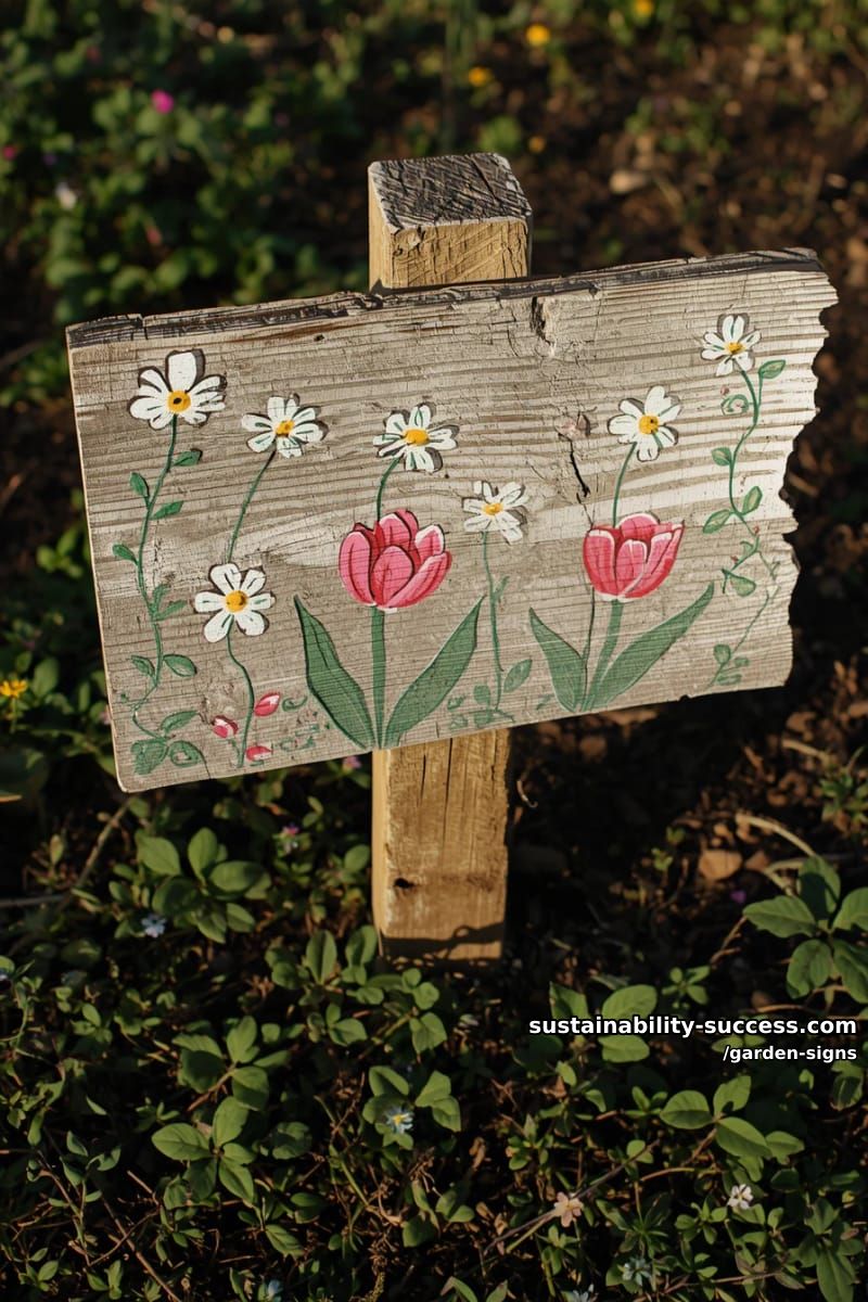collage of rustic wooden garden signs with simple floral and leaf motifs 1