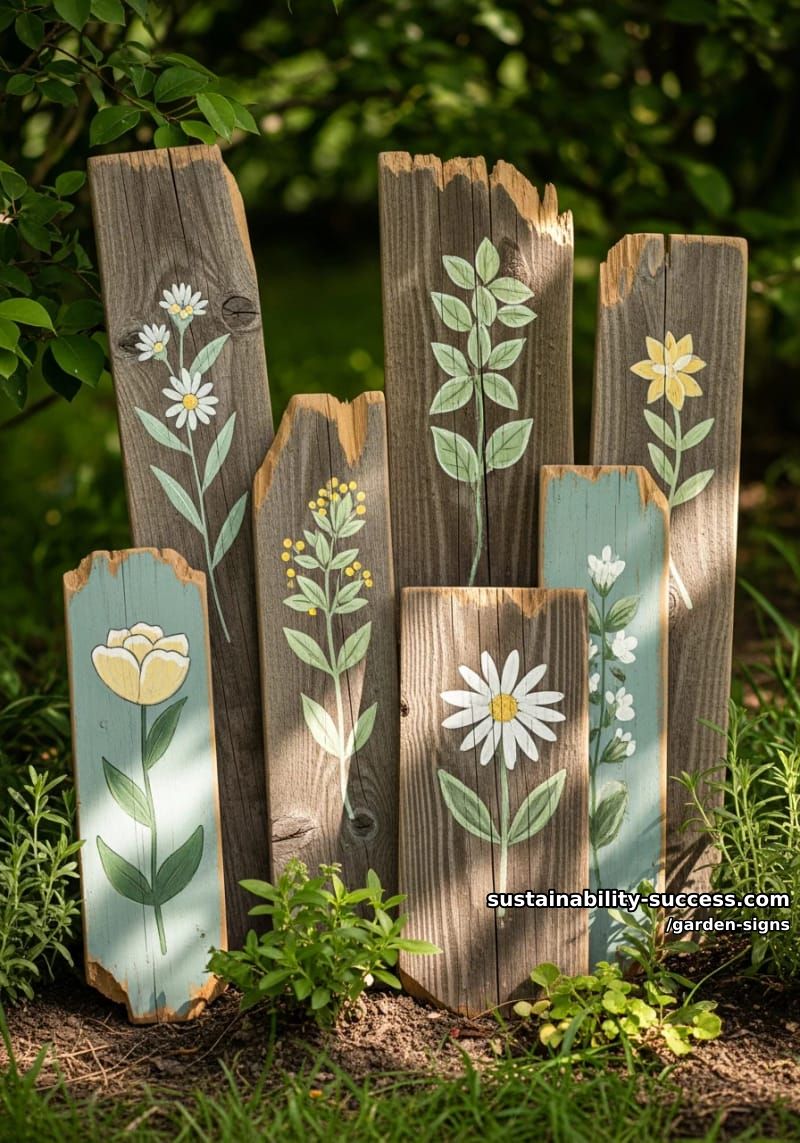 collage of rustic wooden garden signs with simple floral and leaf motifs 1