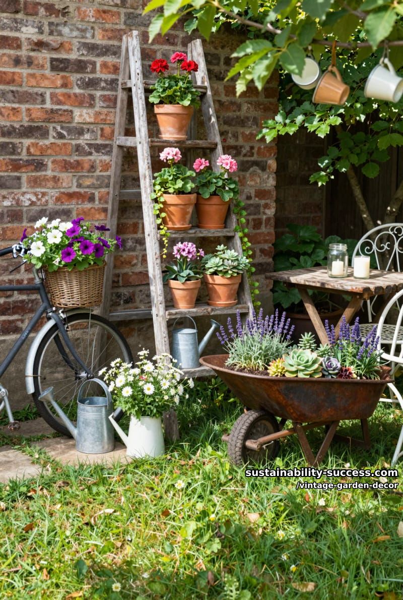 collage of vintage garden projects using repurposed household items and plants. 1