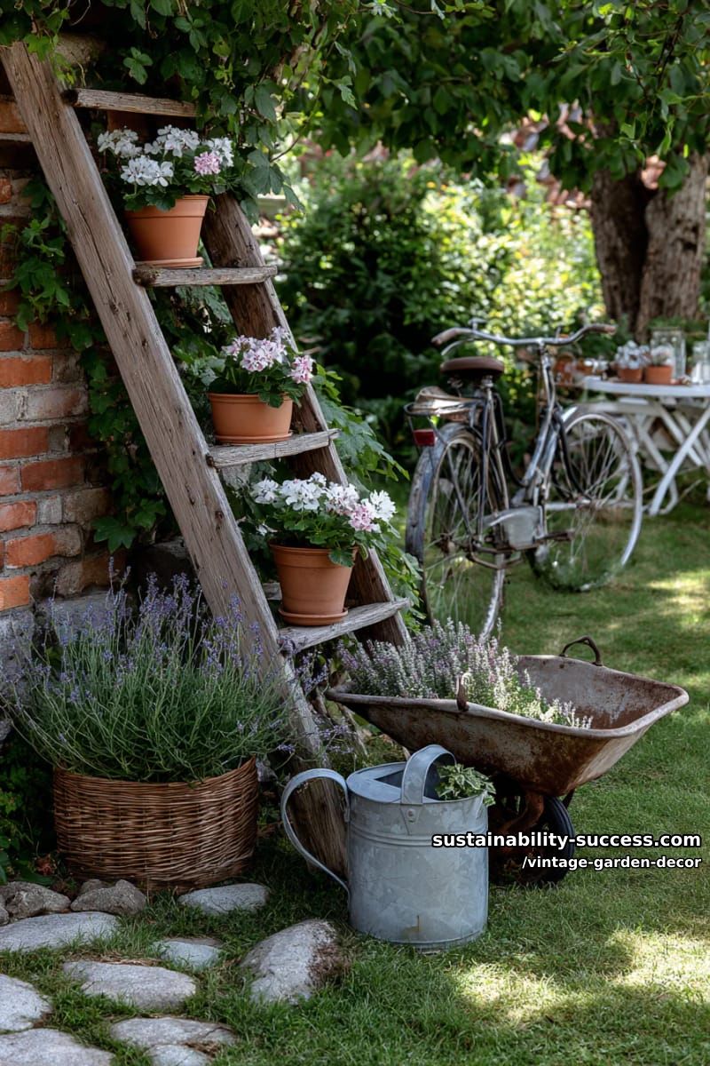 collage of vintage garden projects using repurposed household items and plants. 1