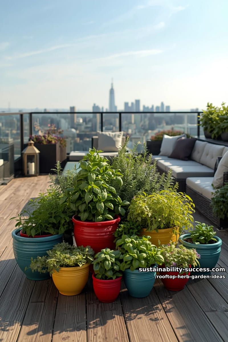 colorful ceramic pots of herbs clustered on a rooftop patio lounge 1