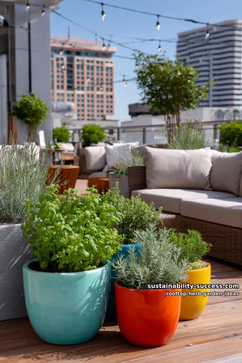 colorful ceramic pots of herbs clustered on a rooftop patio lounge 1