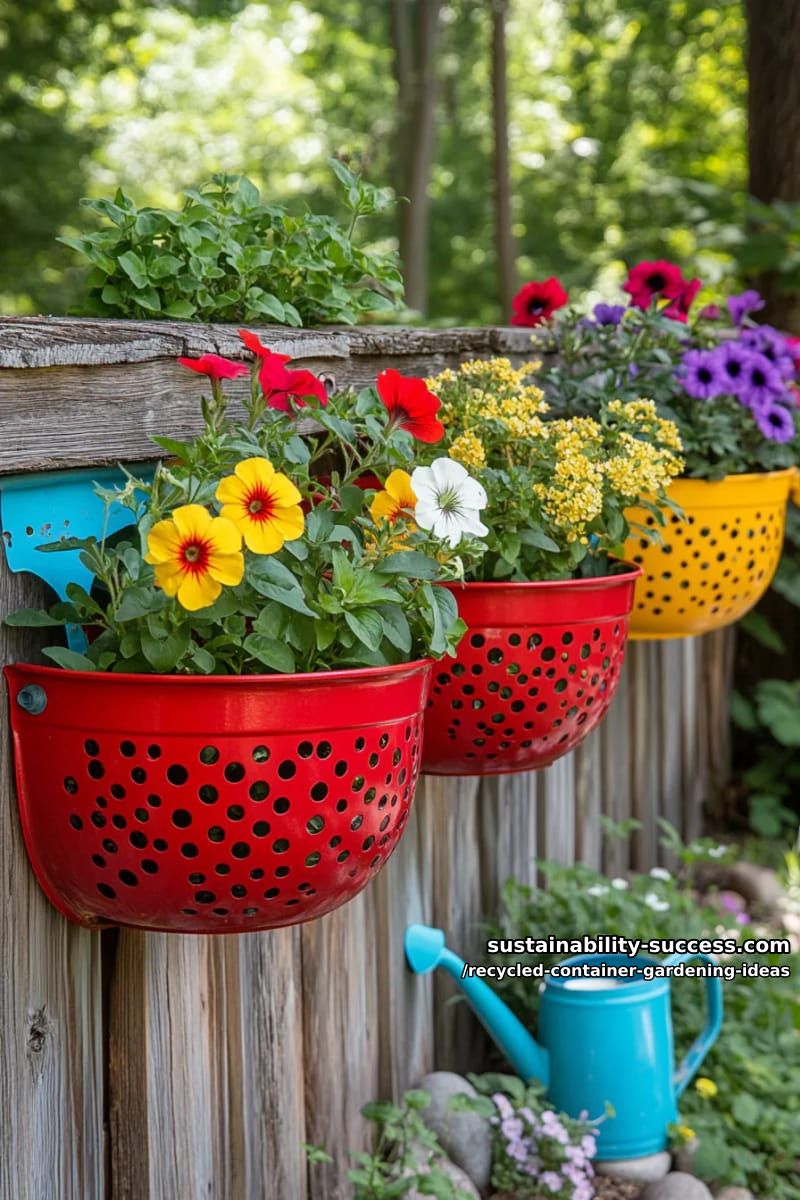 colorful colanders mounted on fences for cascading flowers 1
