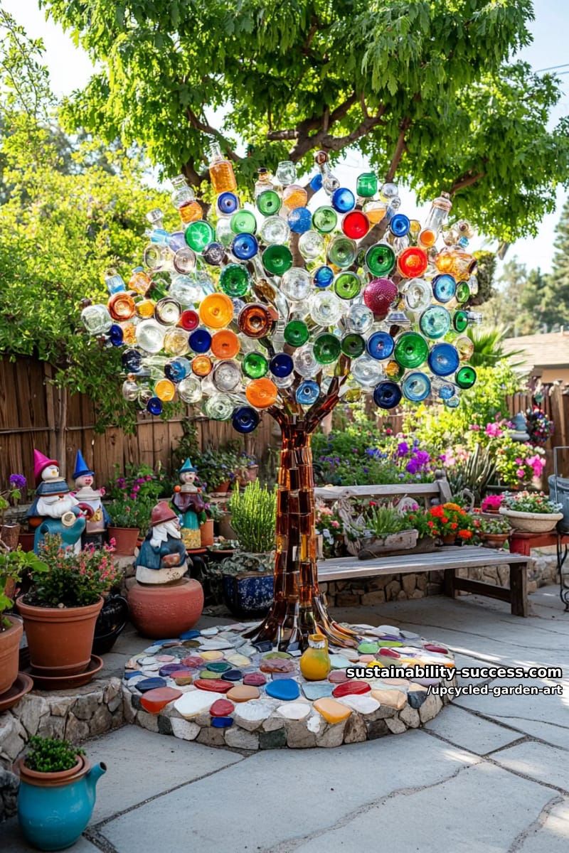 colorful glass bottle tree shining in the sunlight near patio 1