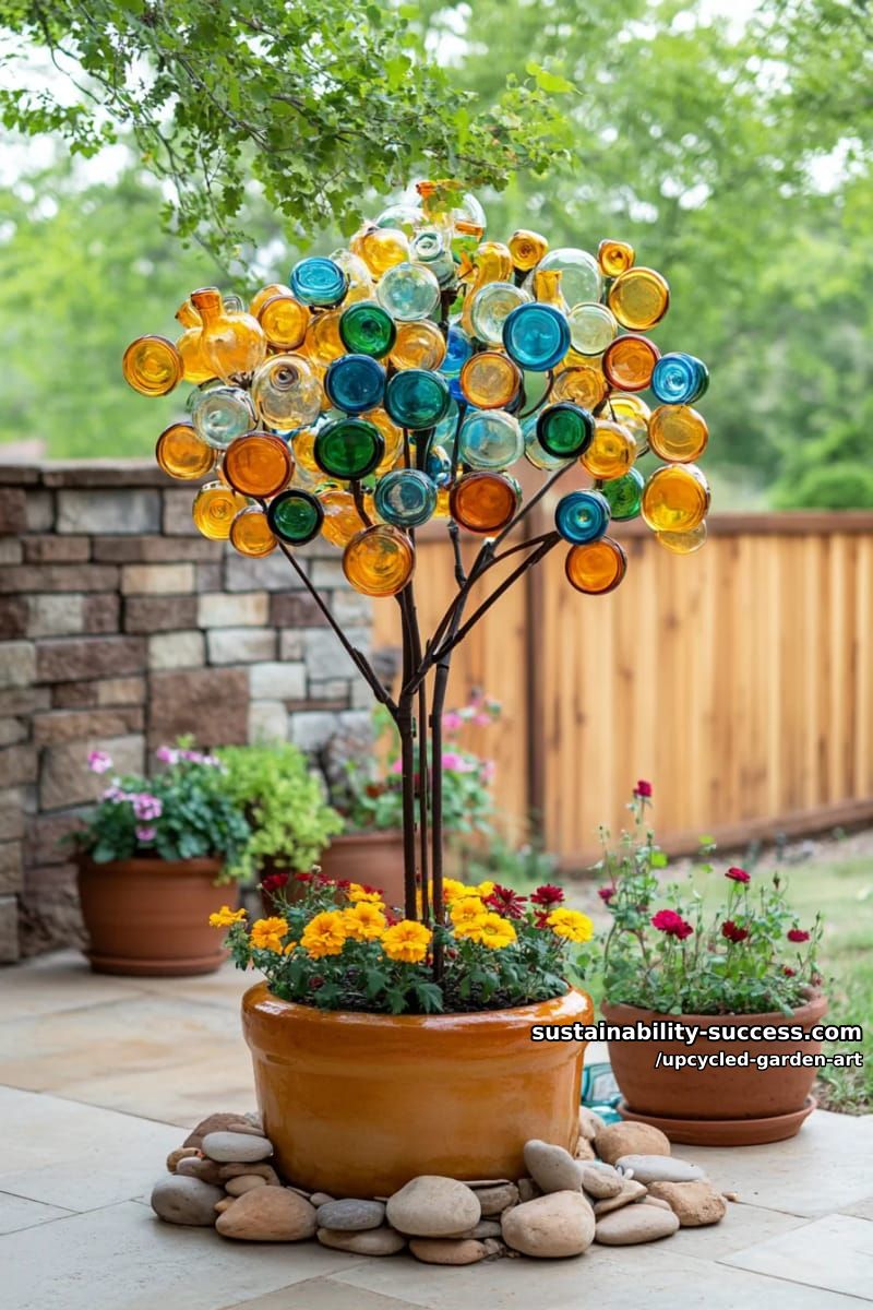colorful glass bottle tree shining in the sunlight near patio 1