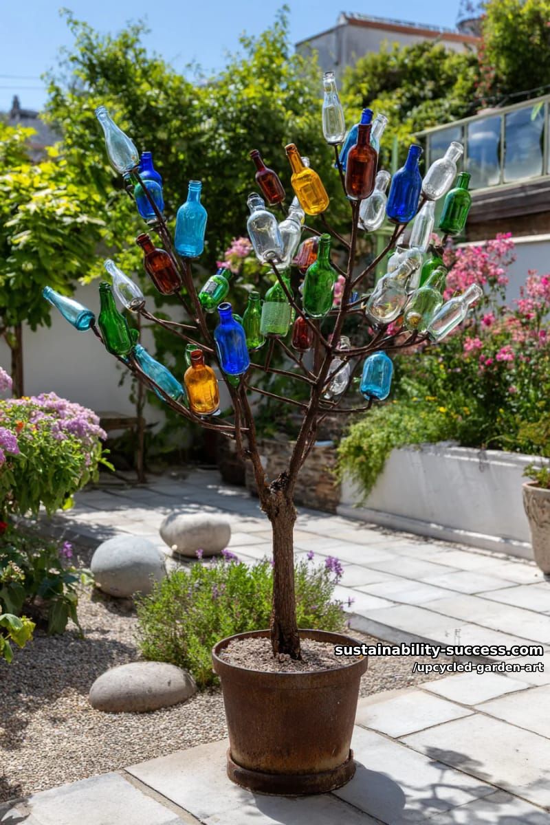 colorful glass bottle tree shining in the sunlight near patio 1