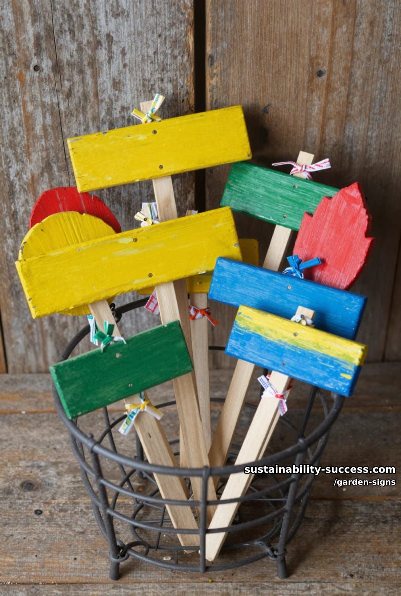 colorful hand-painted wooden garden markers with fabric accents in basket 1