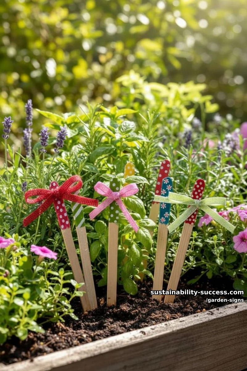 colorful hand-painted wooden garden markers with fabric accents in basket 1