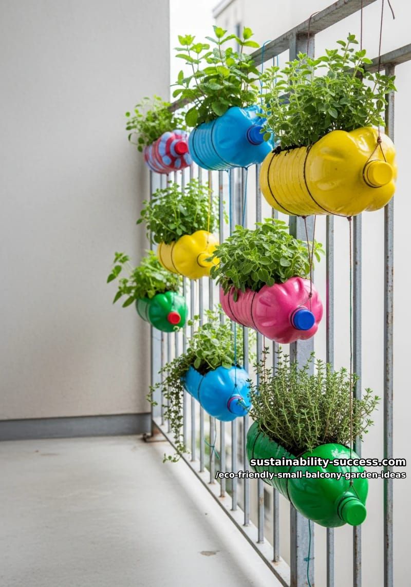 colorful recycled plastic bottle planters with trailing herbs for balcony railing 1