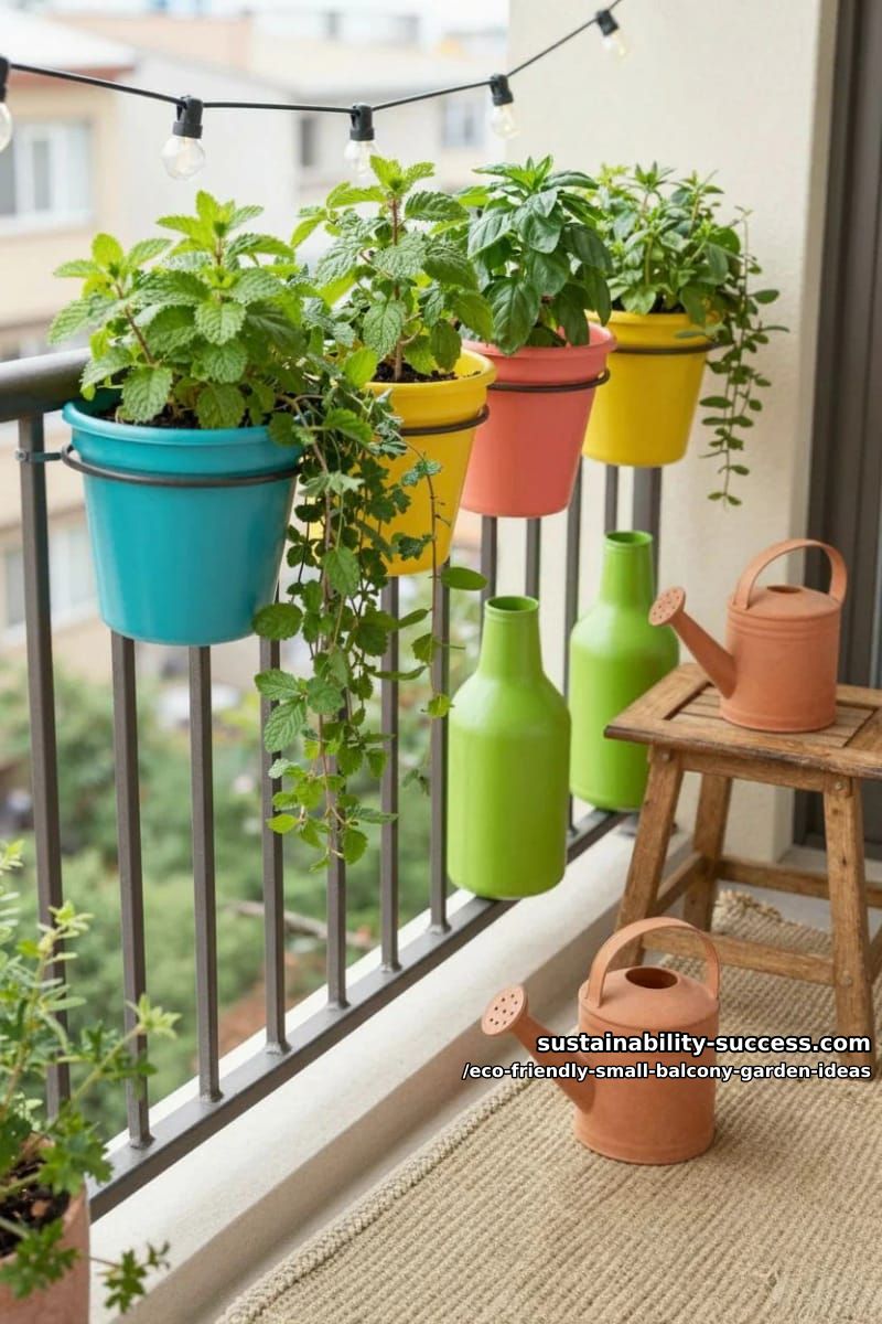 colorful recycled plastic bottle planters with trailing herbs for balcony railing 1