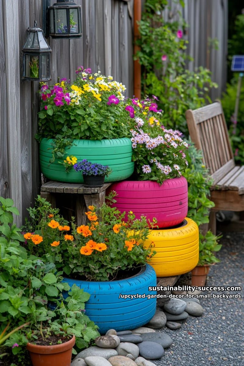 colorful tire planters stacked for a playful vertical flower garden display 1