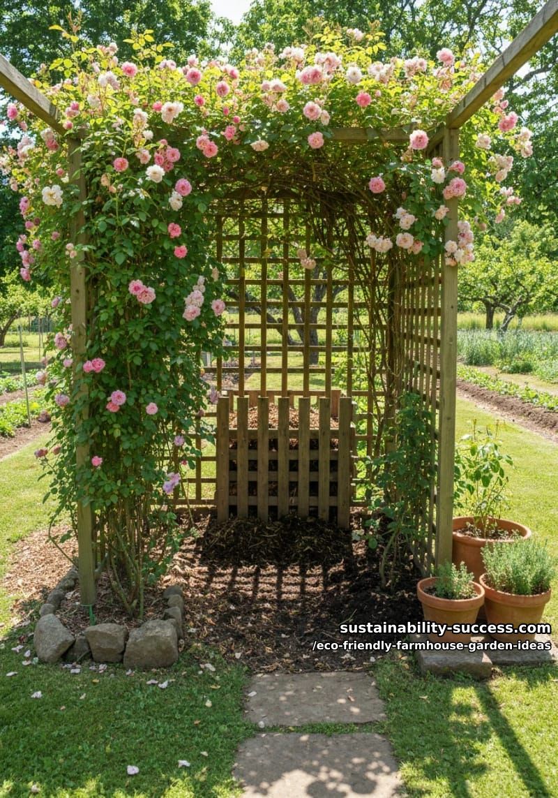 composting corner hidden by a lattice screen with fragrant climbing roses 1