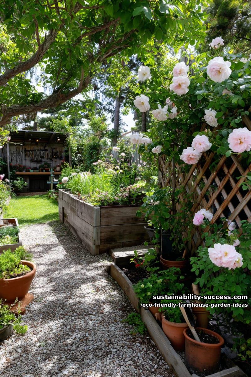 composting corner hidden by a lattice screen with fragrant climbing roses 1