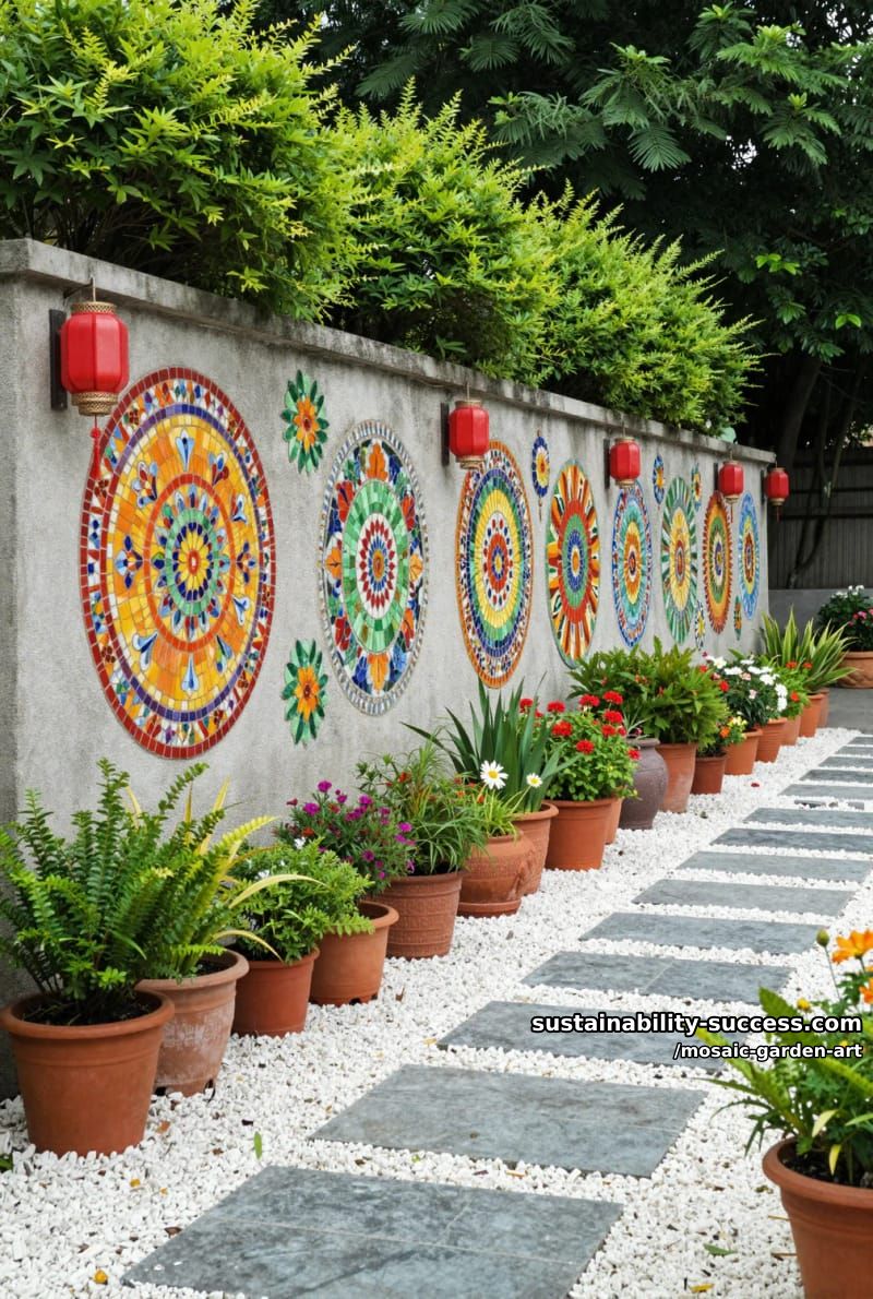 concrete wall decorated with circular, floral, and dragon motif mosaic art 1